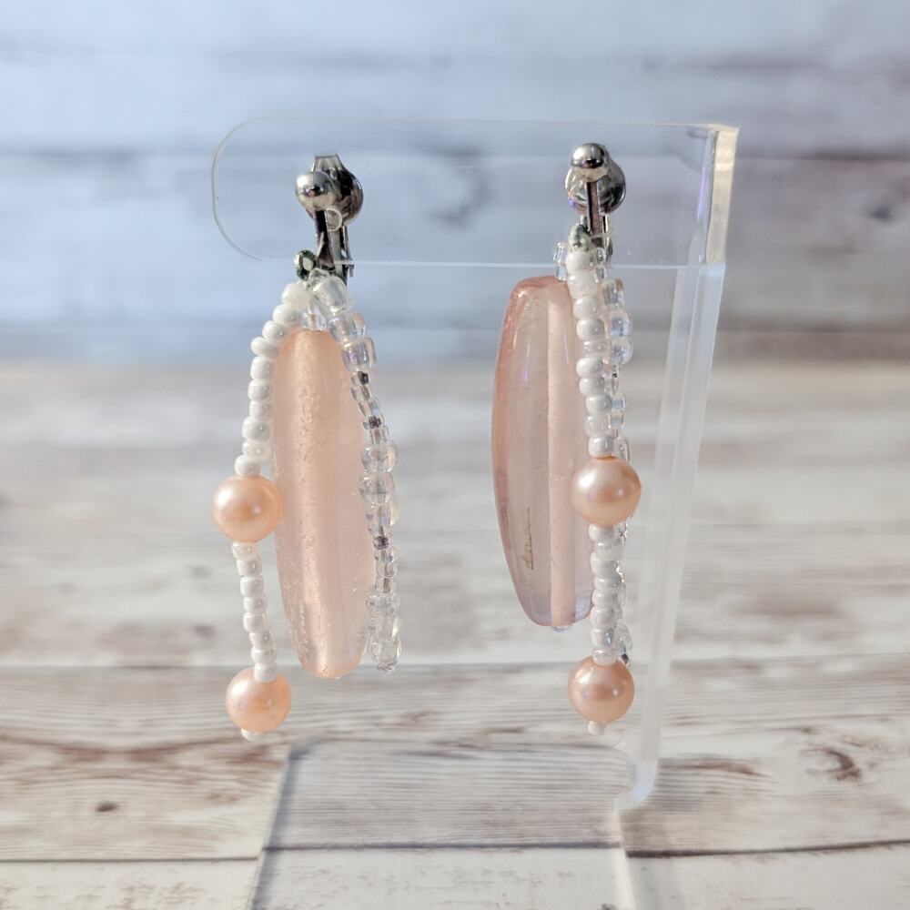Vintage Clip On Earrings Peachy Pink Dangle - Fair Condition